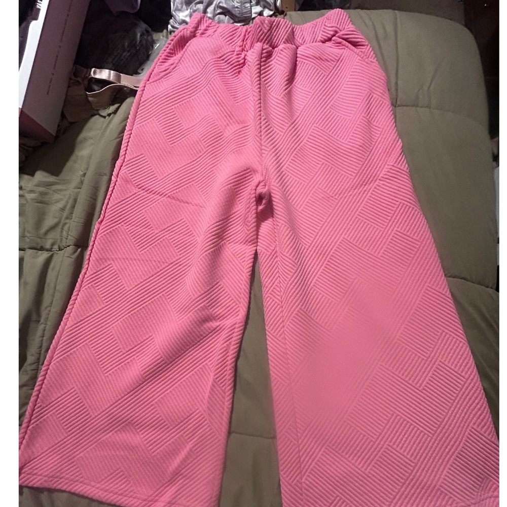 Entro Pink Textured Geometric Quilted Wide Leg Elastic Waist Pants Medium